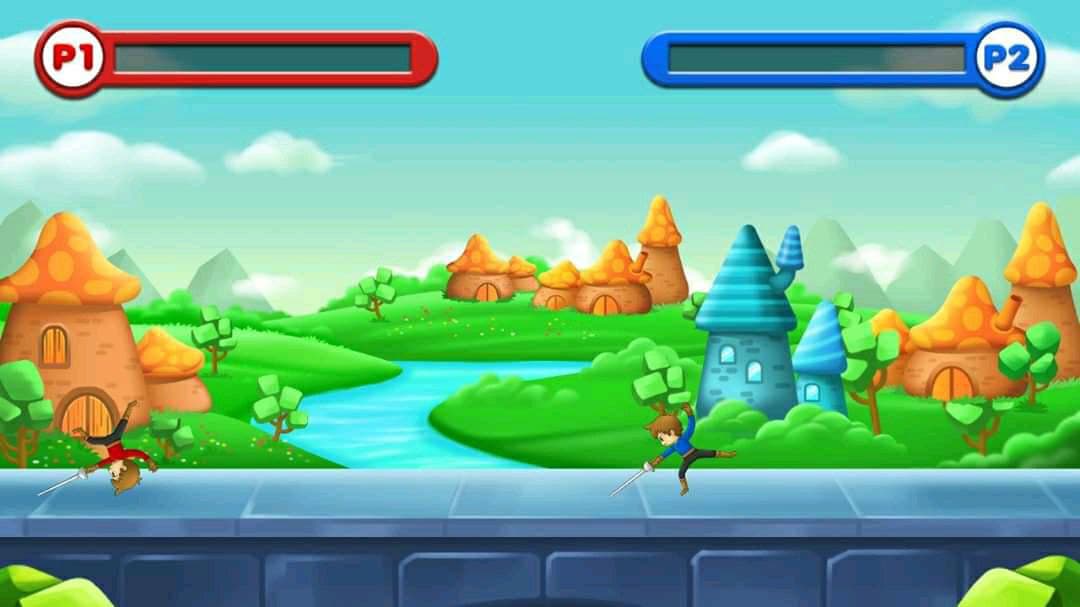 Two cartoony fencers on a blue wall before a village of mushroom-shaped houses.