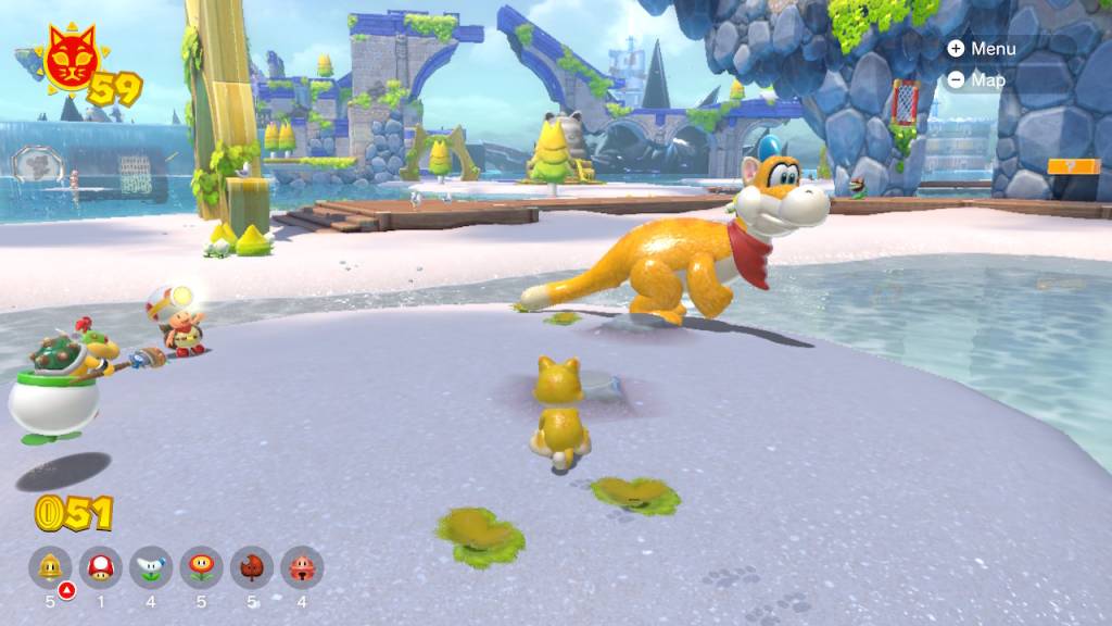 Catsuit Mario sits on an isle and is looking at Plessie.