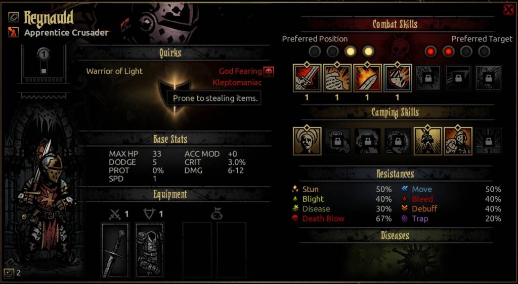 Character sheet with stats, abilities, resistances and quirks.