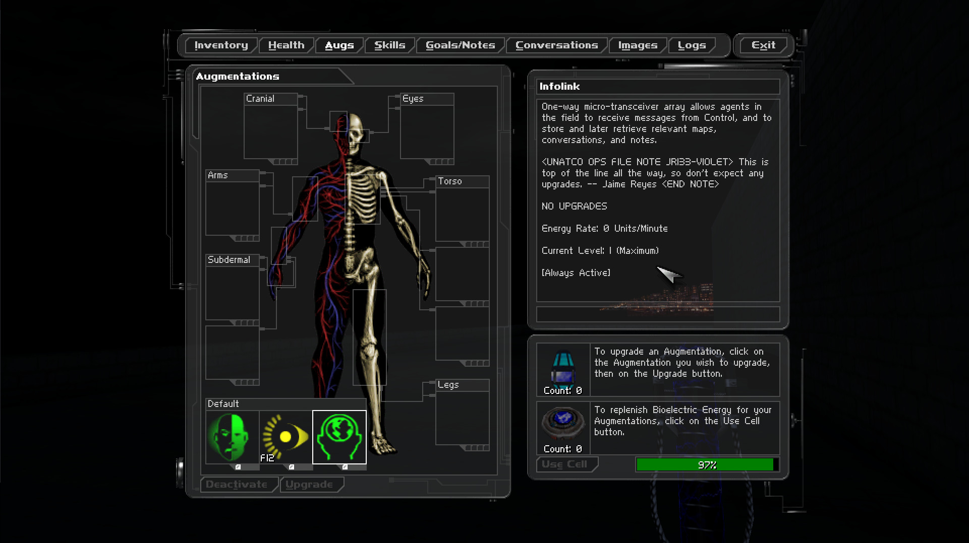 The augmentation menu of Deus Ex