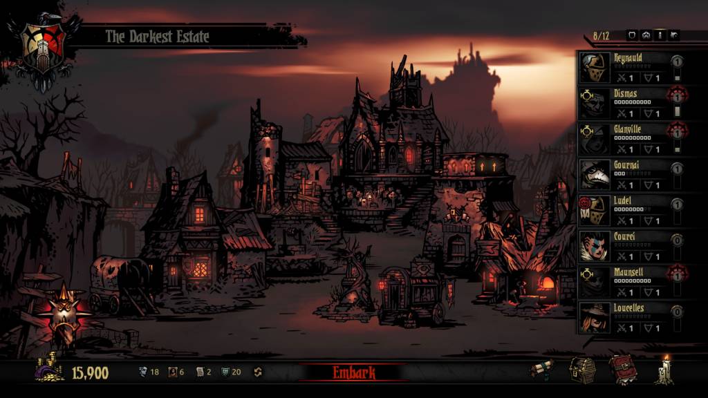 Menu with a list of characters and buildings in the background.