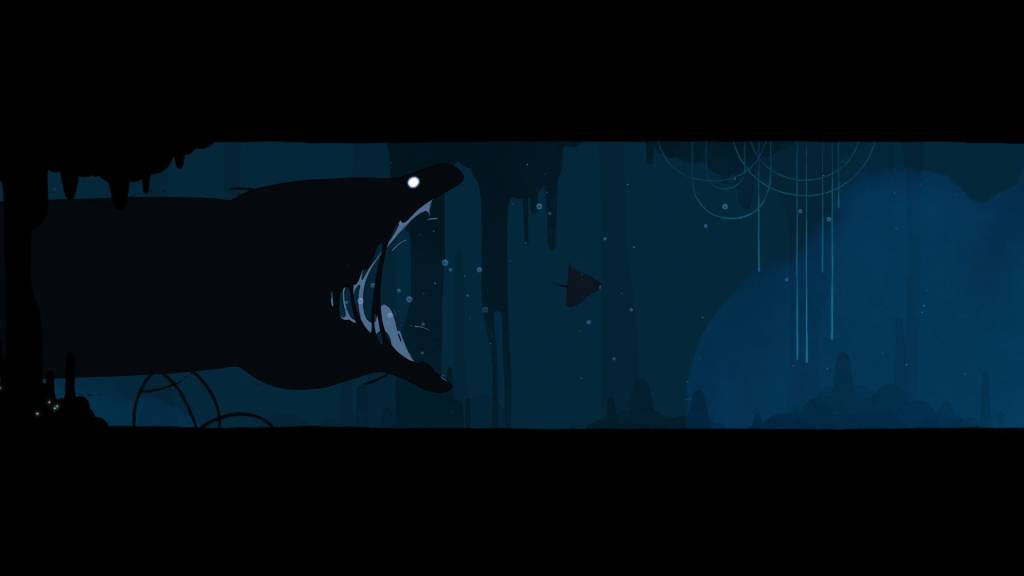 A giant moray chasing protagonist in a narrow underwater cave