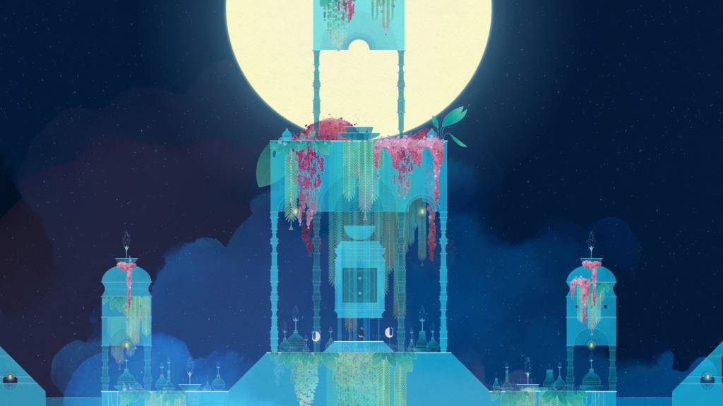 symmertical platform level structure in the moonlight