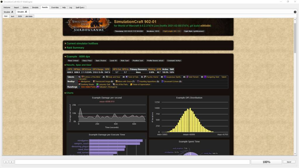 A screenshot of the SimulationCraft user interface. The application draws graphs to break down relative ability damage, execution time, and damage dealt over the simulated encounter. 
