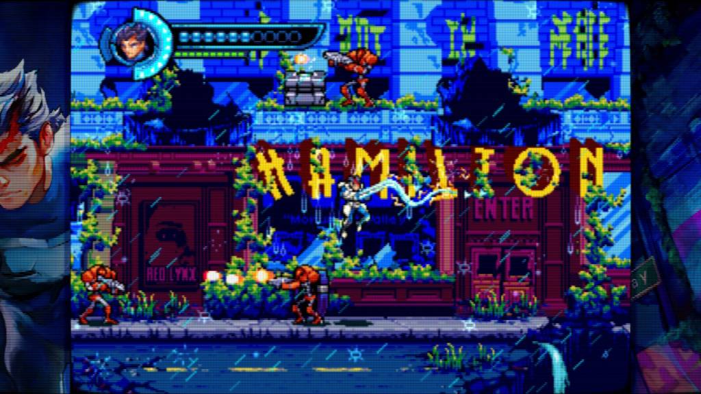 Main character avoiding hostile characters that are shooting at the player. The scene has rain and city infrastructure which is falling apart.
