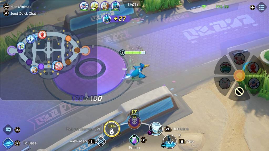 A playable Pokémon character walking through the field. Gameplay interface and enlarged mini map showing positions of individual teams.