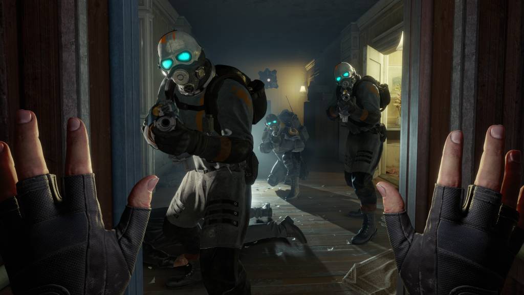 Three unidentifiable soldiers in futuristic suits pointing their guns at the camera. 