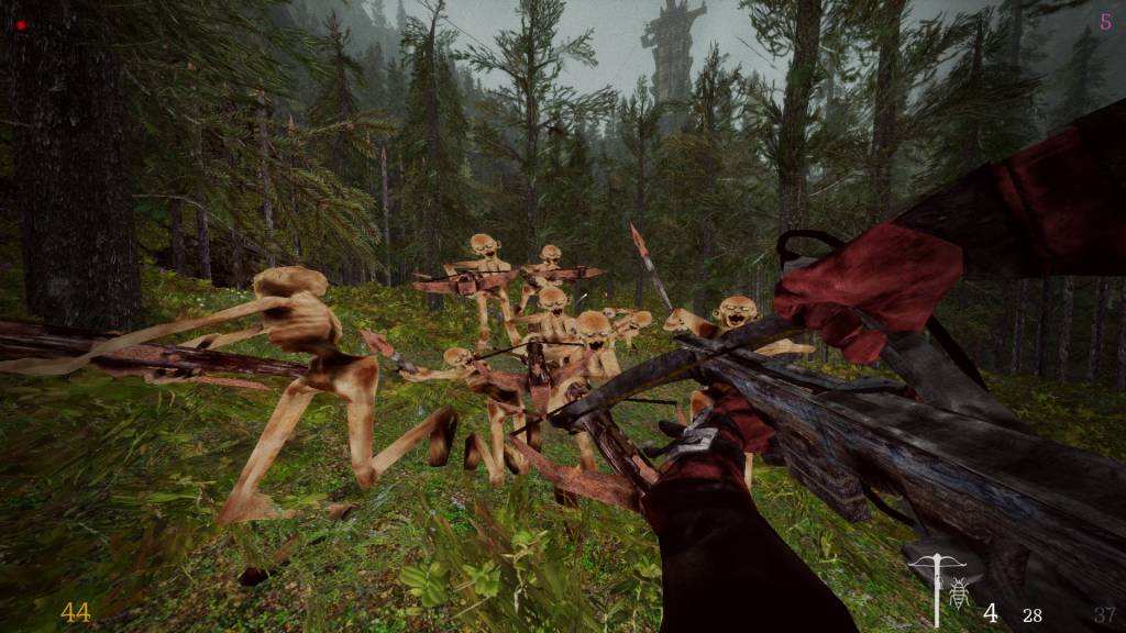 The middle of the image is occupied by eight undead ghoulish warriors wielding a mix of javelins and crossbows, on the right bottom side there is a crossbow held by the player character