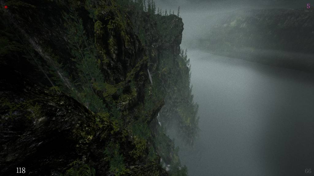 Left side of the image is filled with the mountainside of a fjord, with trees, waterfall and mountainscape. Right side of the image is mostly water, with more land in sight in the upper right corner.
