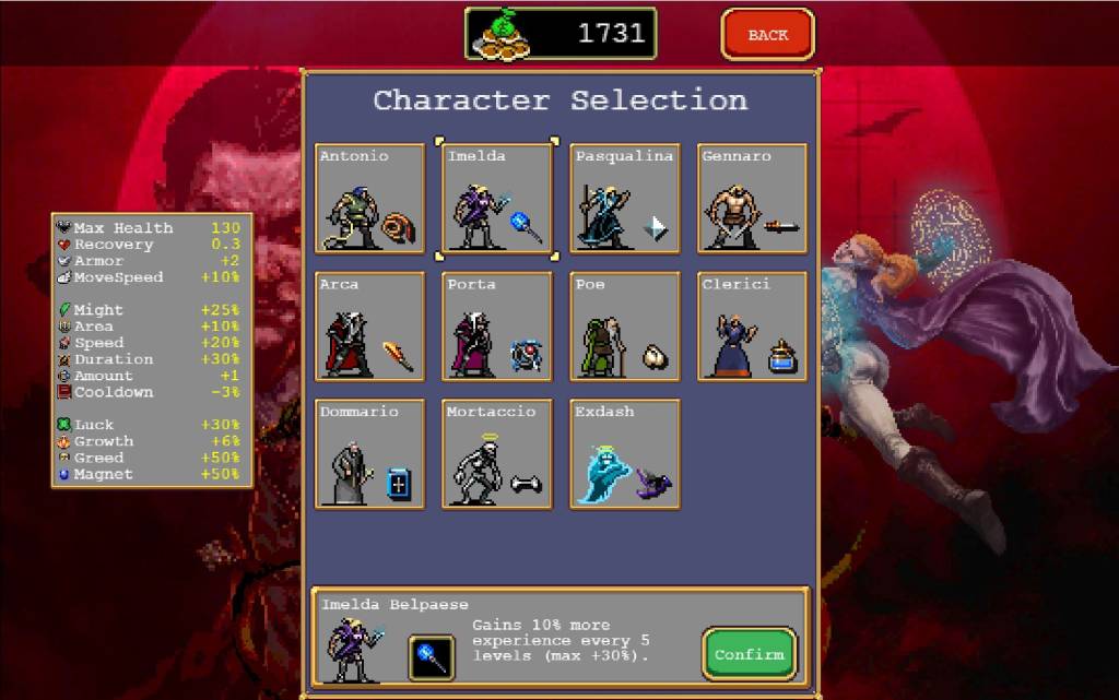 The middle of the image features a character selection screen in a sort of a grid format, while the left of the screen shows the currently selected characters stat parameters.