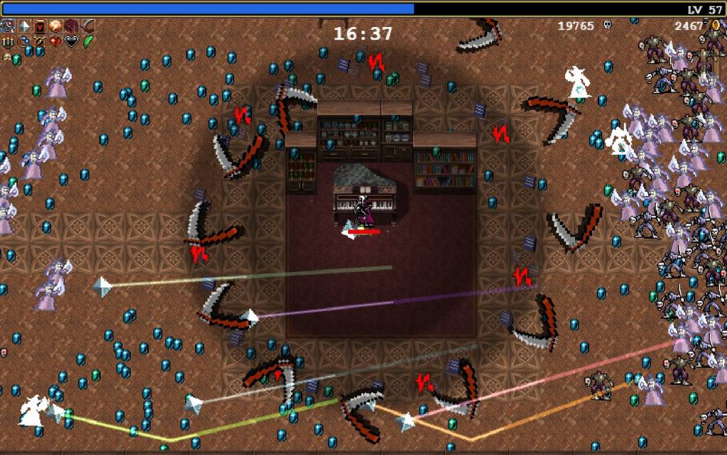In the middle of image a male character is standing next to a piano with multiple weapon projecticles keeping enemies at bay in the area surrounding him