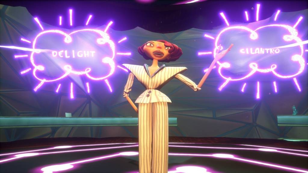 A person with two glowing bubbles in the background saying "delight" and "cilantro"