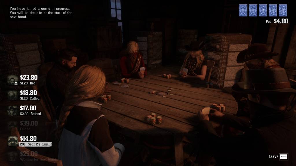 Six people dressed like cowboys of the wild west. They are playing poker at a table, with many cards and chips around.