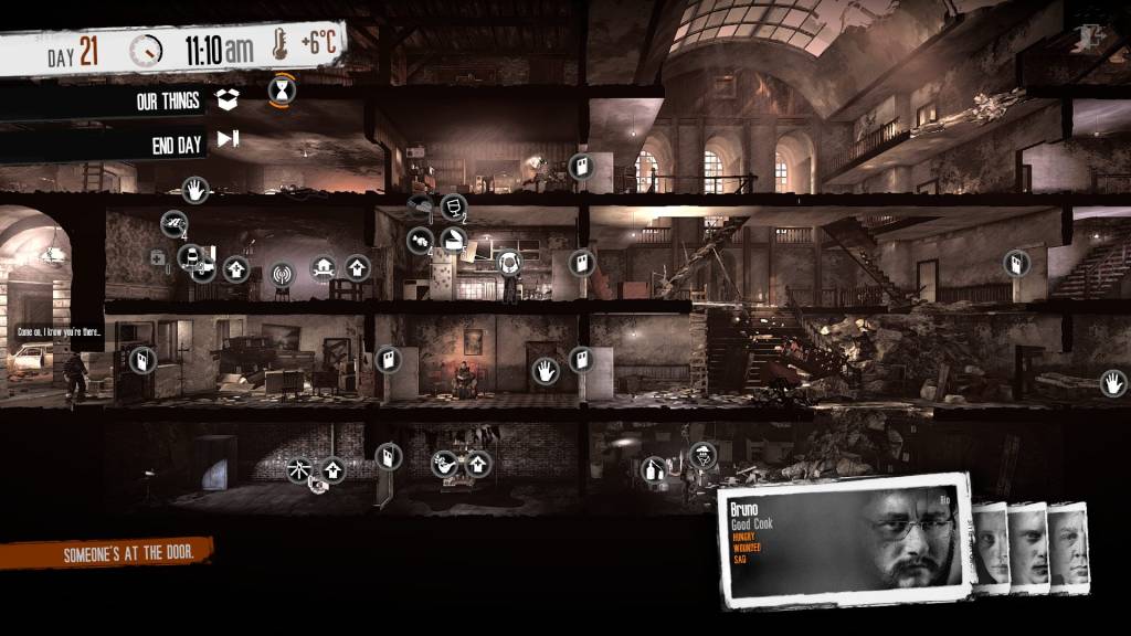 A screenshot of the game, daytime. Four character are shown around their "home base", a dilapateted building. All are doing different things, sleeping, sitting on a sofa, and standing in front of crafting stations ready to craft resources.