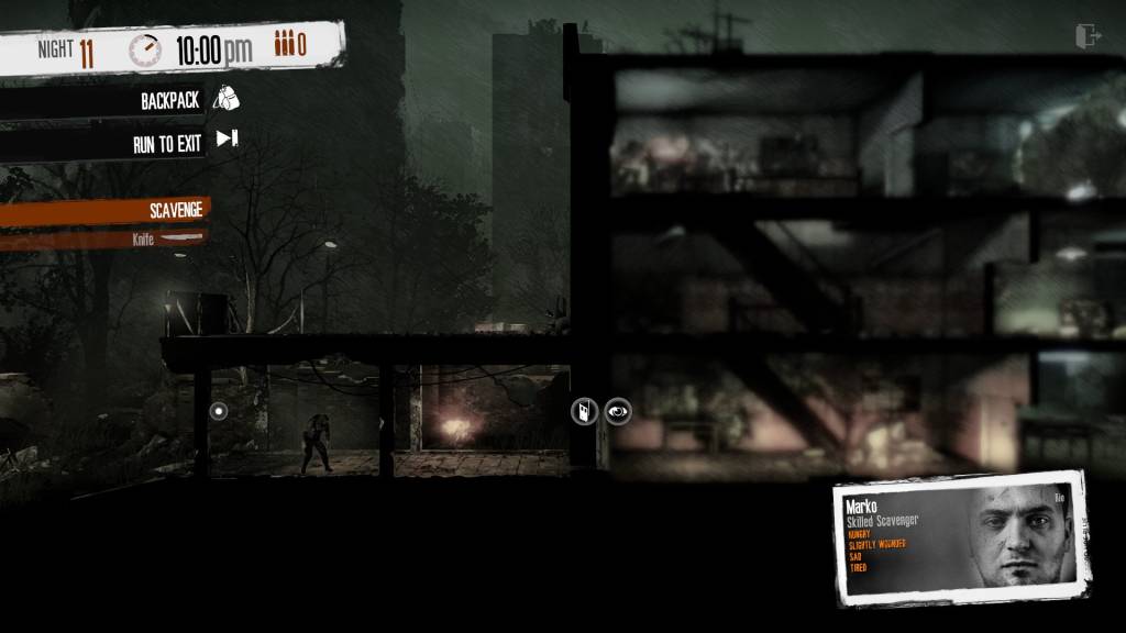 A screenshot of the game, It´s night-time. Character named Marco is about to enter a building for a scavenge mission. Colours are very muted and only small fires lit up the otherwise dark building.