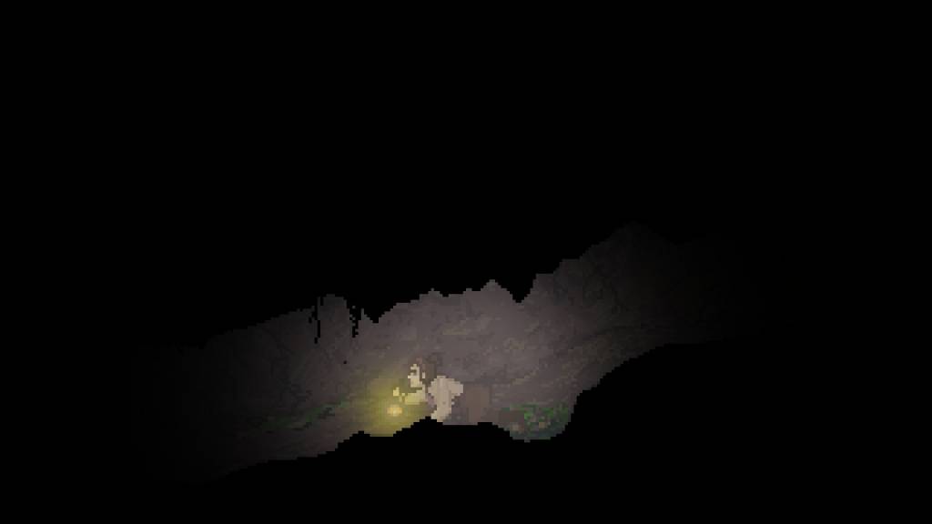 Thomasina crawls trough dark and narrow tunnel, lantern as her only light.