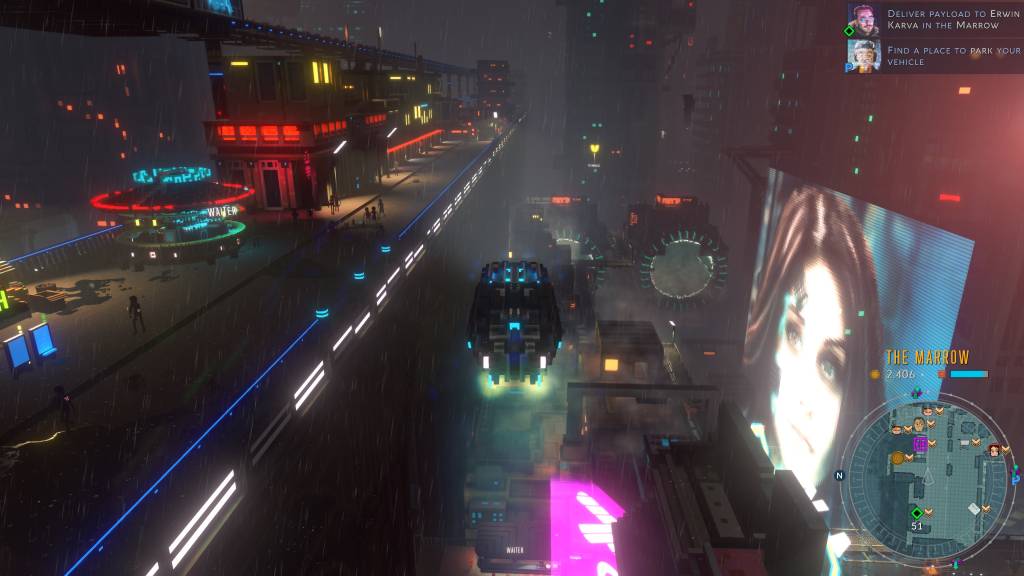 The delivery car flying through the city