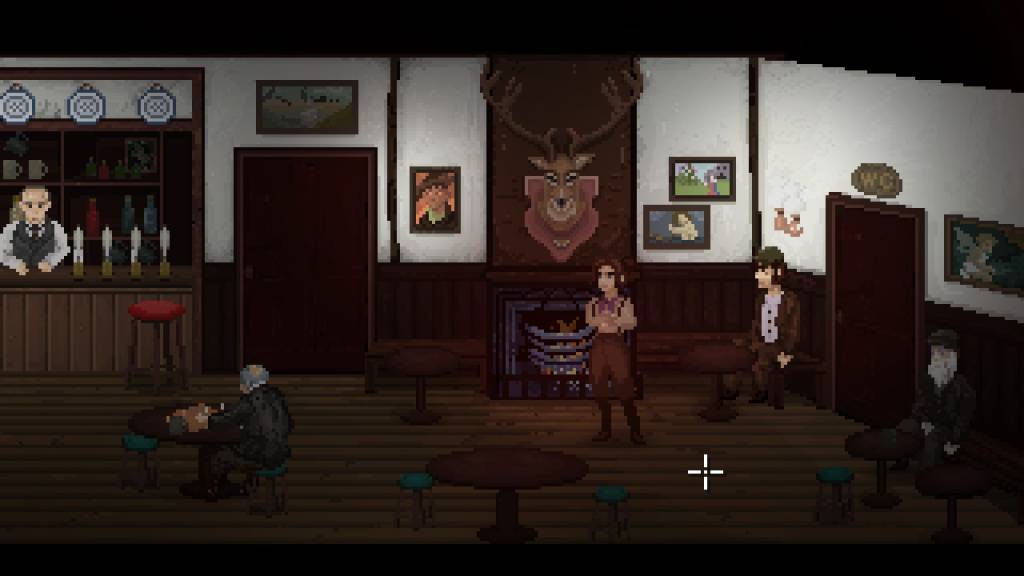 An English pub, with fireplace, mounted stags head and picture frames. Thomasina and few others crowd the room.