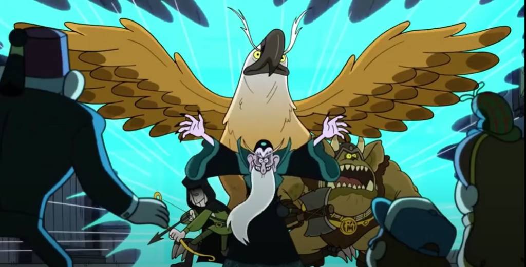 Fantasy characters coming to life by mysterious science ray. Characters include griffon, elf, orc and evil wizard.