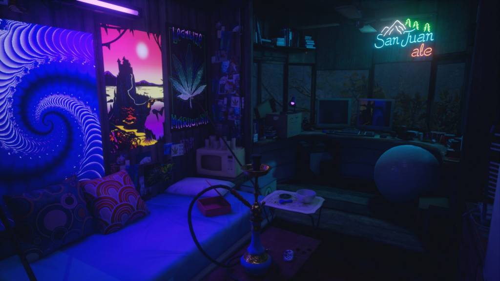 A small room awash in dim light. Psychedelic imaginery in the pictures on the wall, waterpipe on the table. Lot of tech stuff, including a computer, rests on a table at the far end, beside large windows.