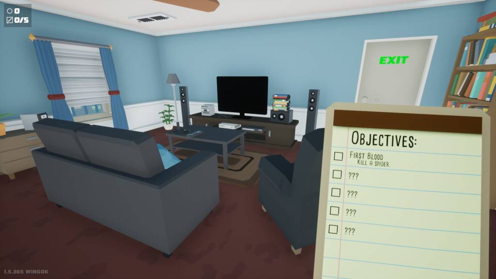 Player standing in still clean living room holding a clipboard.