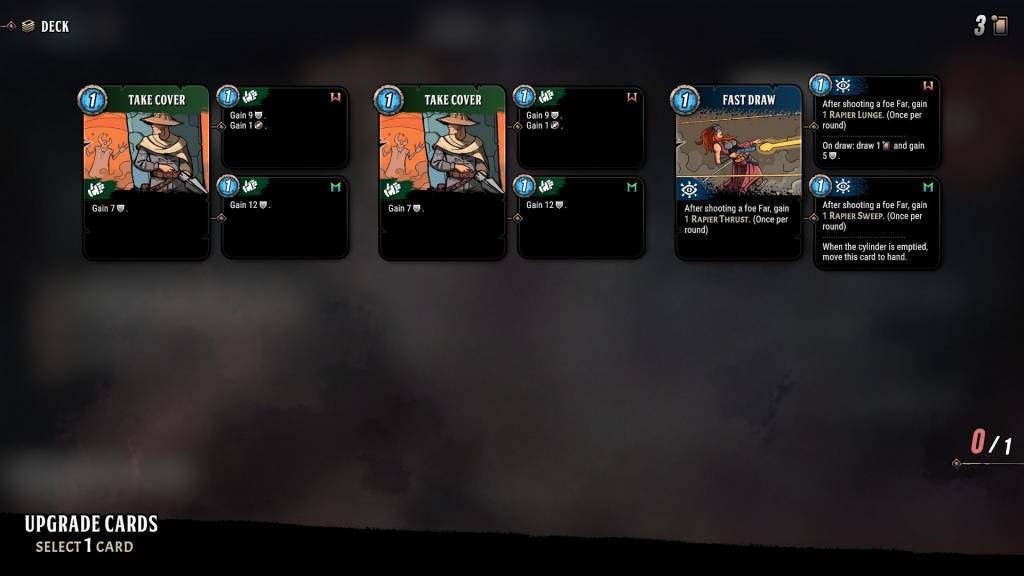 Three cards from the game alongside their options for upgrade.