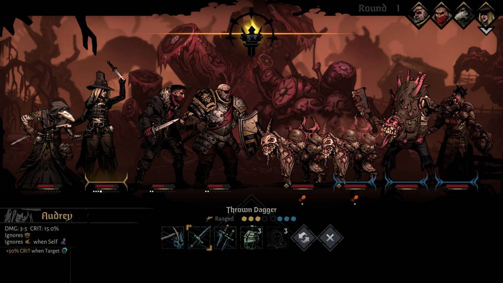 Image of darkest dungeon II, depicting the heroes in combat with Foetor enemies.