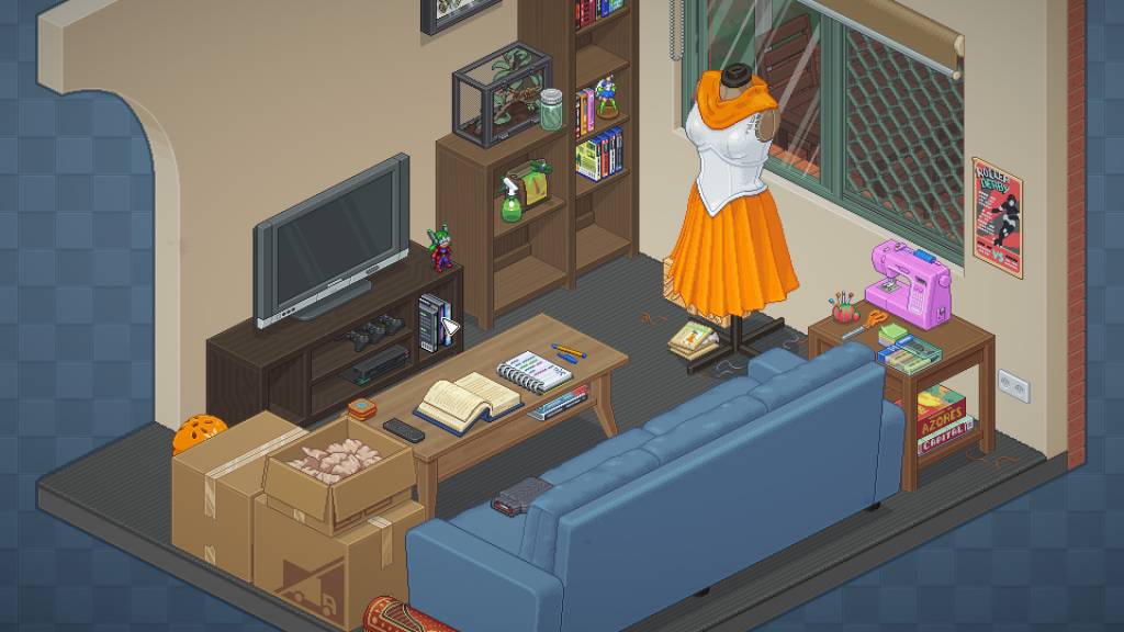 A living room with sewing equipment and moving boxes