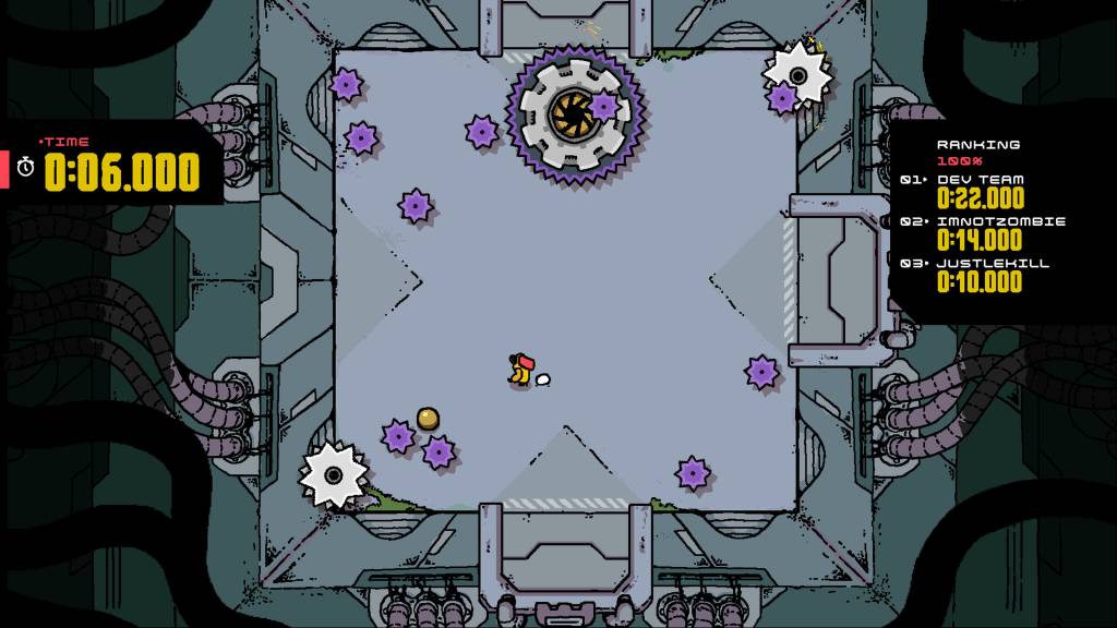 Player character in a room with different kind of discs trying to collect a round object.