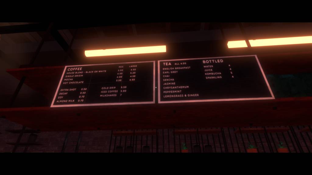 Order menu, showing hot beverages such as tea and coffee, as well as bottled refreshments.
