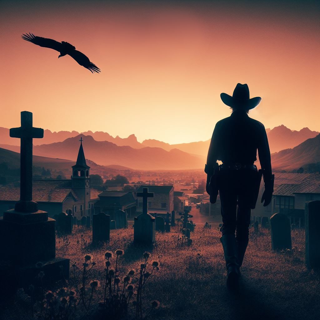 Man in silhouette walking past a graveyard into the sunset, vulture flying in the sky, town and montains in the background
