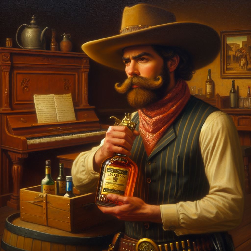 Man dressed in western garments holding a liquor bottle