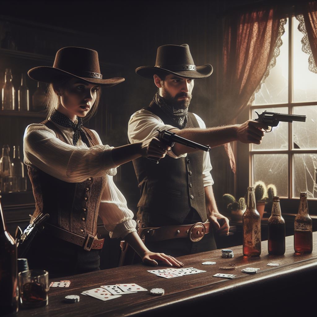Male and female dressed in western garments with pistols in their hands in a dark building