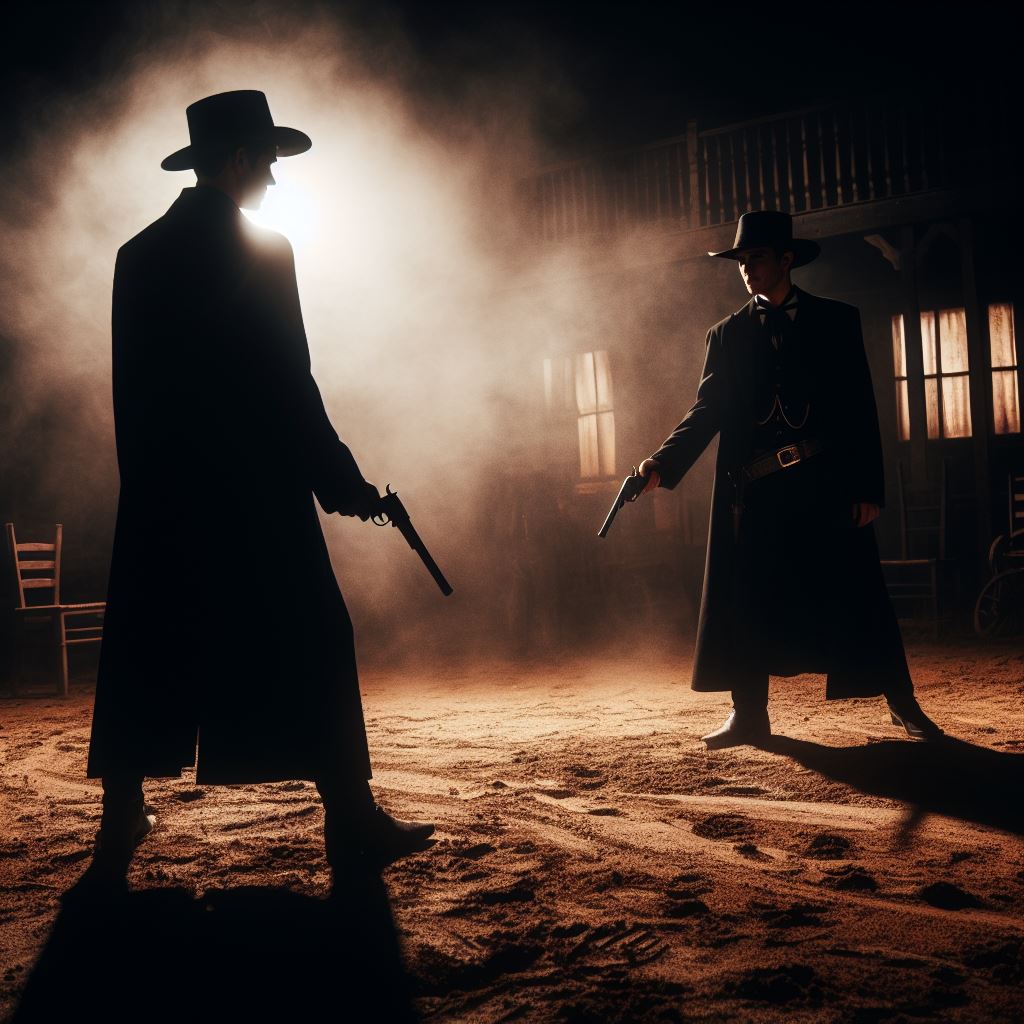 Two men dressed in black with guns drawn in silhouettes on a dirt ground