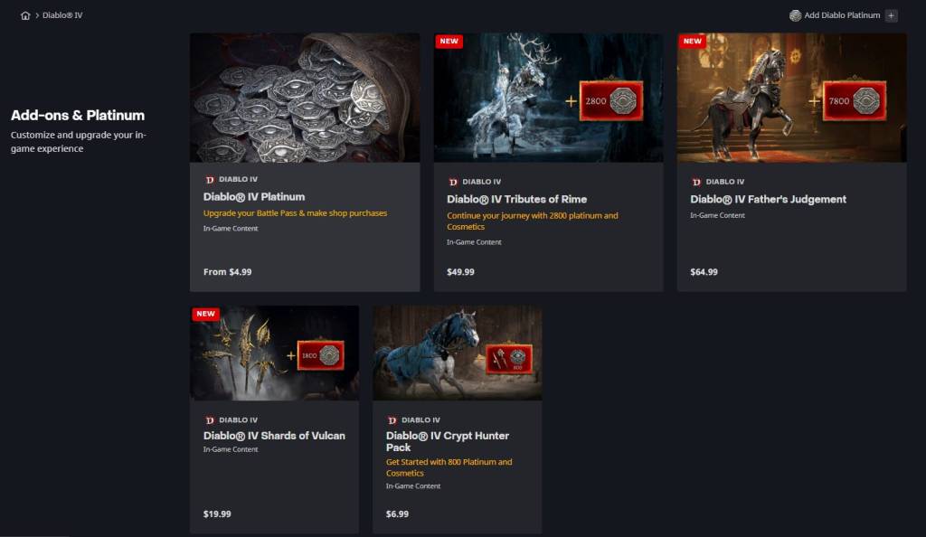 Screenshot of Blizzard Store's Diablo IV items, including in-game currency and cosmetic items that can only be bought with real-life money