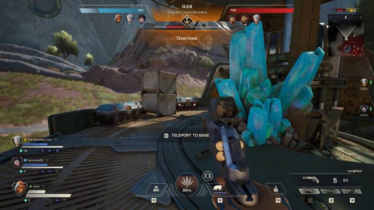Screencapture of player's view, with big blue crystals in front.