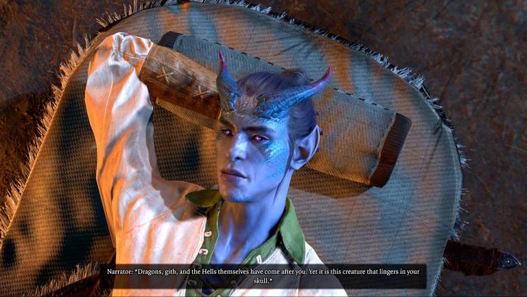 Blue horned game character lying down
