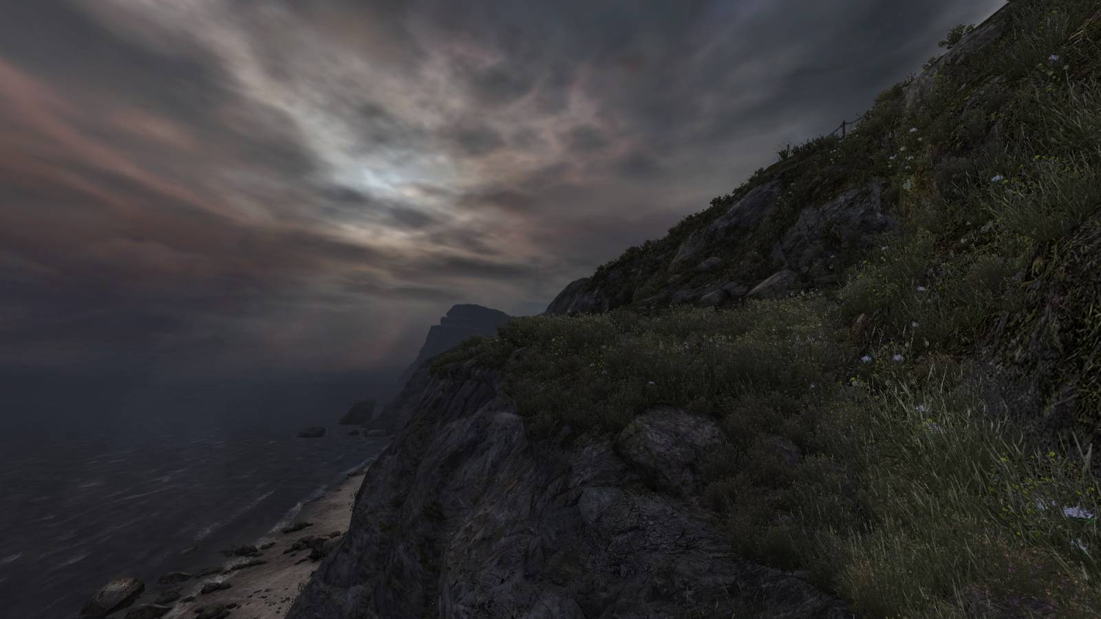 ominous clouds in overhead. From the game Dear Esther.