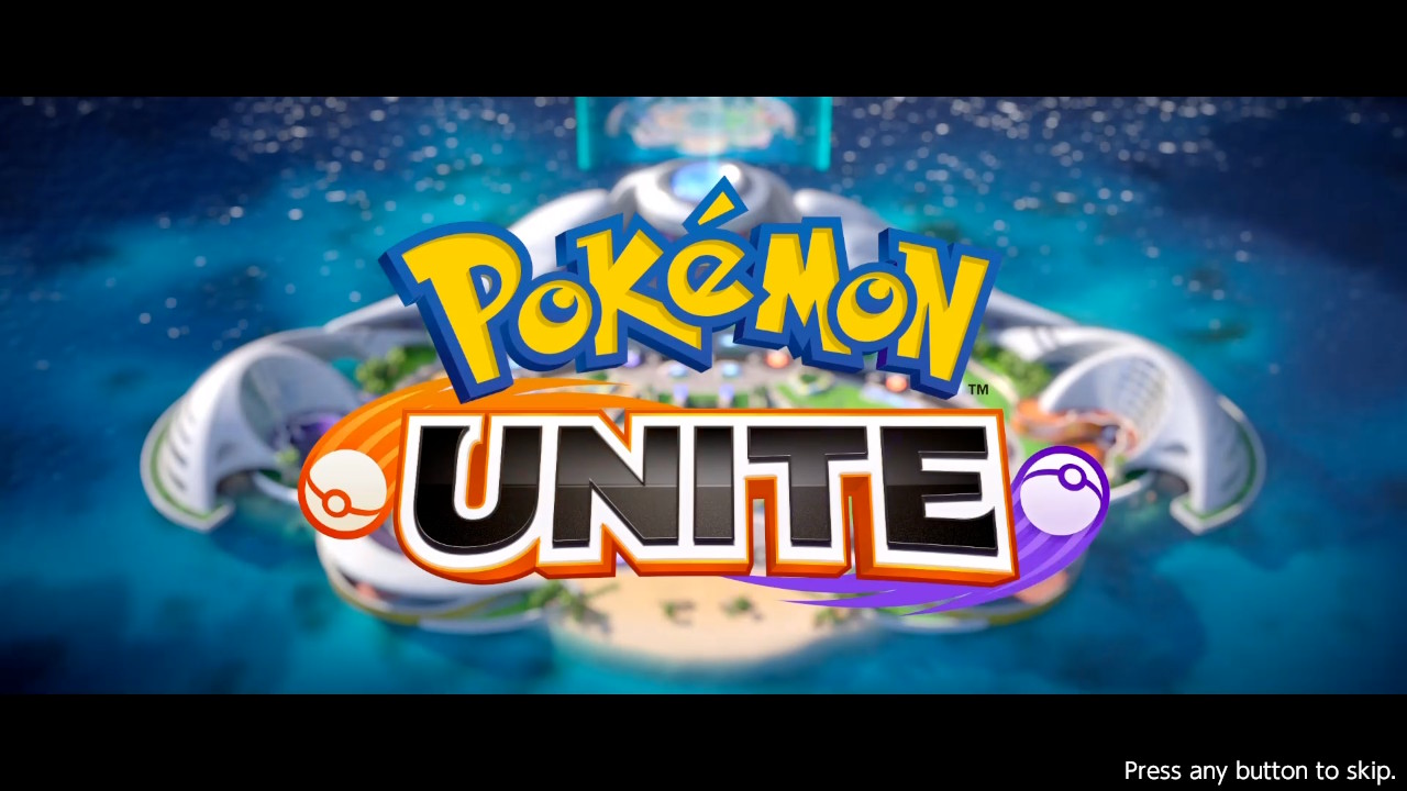 Title screen with colorful and bold font stating Pokémon Unite. Background has pokéballs and bright graphics