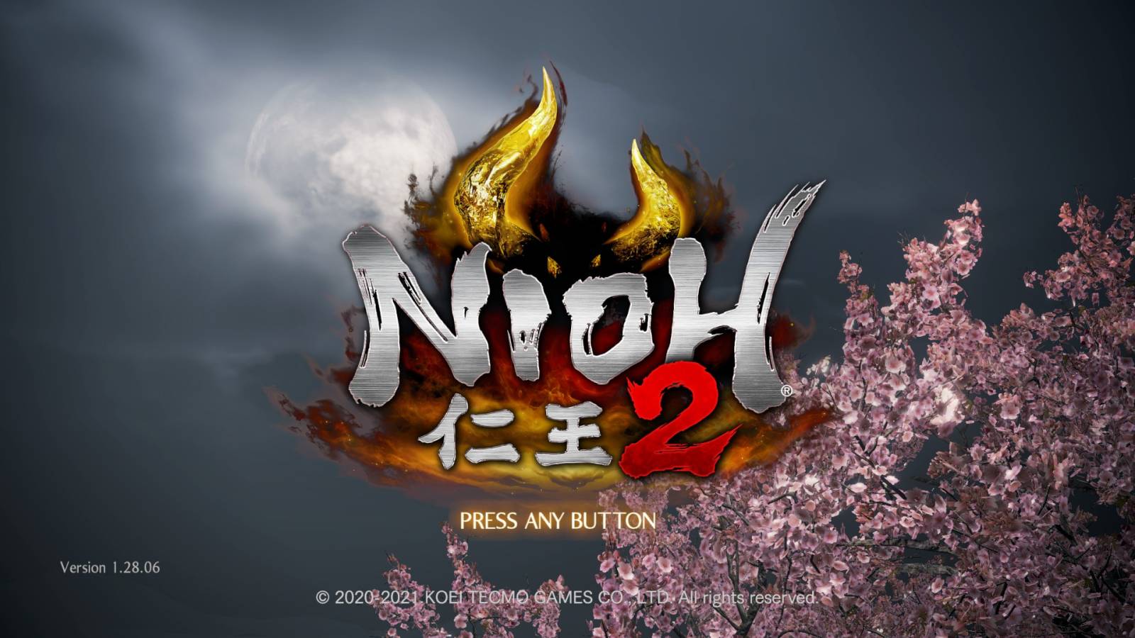 The text "Nioh 2". Behind that in the logo there are yellow horns. A cherry blossom tree is seen in the background.
