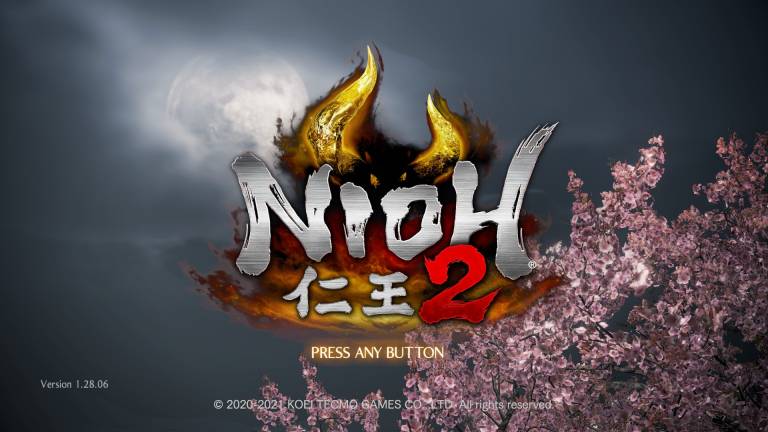 The text "Nioh 2". Behind that in the logo there are yellow horns. A cherry blossom tree is seen in the background.
