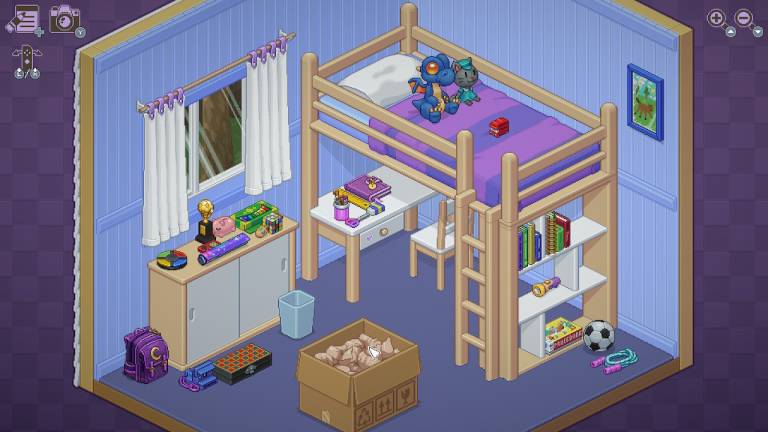 Child’s room with an open moving box and a bunk bed. Items are placed around the room.