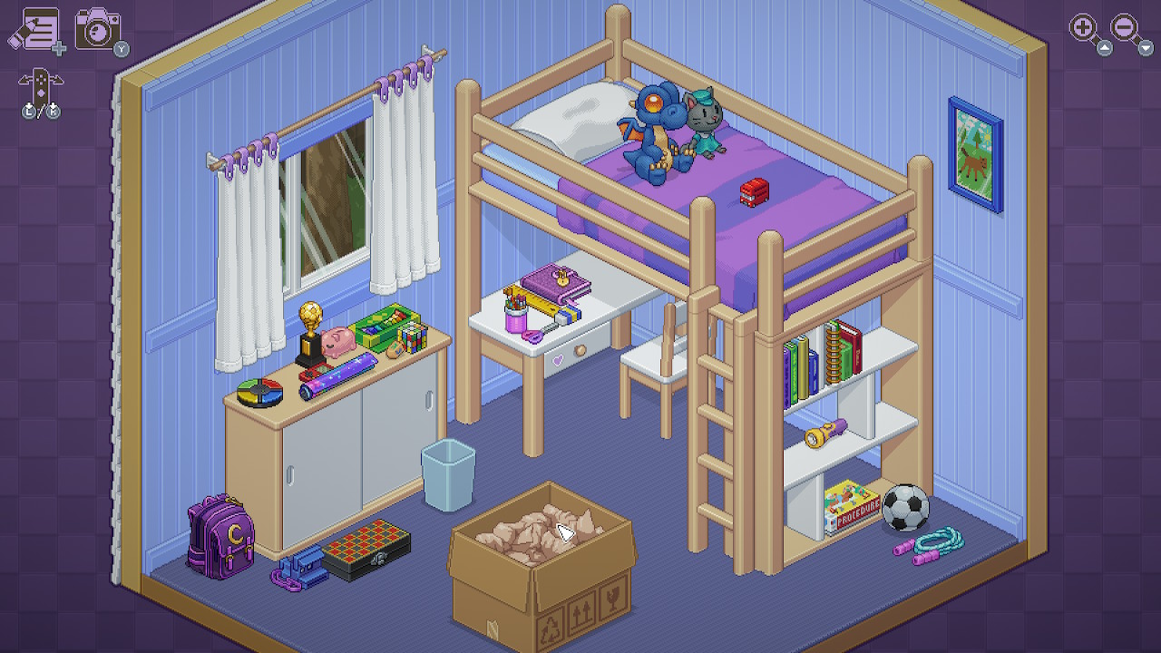 Child’s room with an open moving box and a bunk bed. Items are placed around the room.