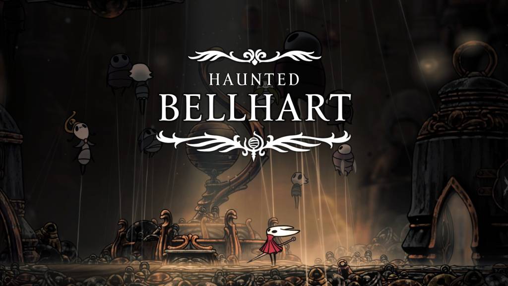 Large text announces that Hornet has arrived into "Haunted Bellhart," a golden, broken-down village whose inhabitants are trapped in long lines of spiderweb.