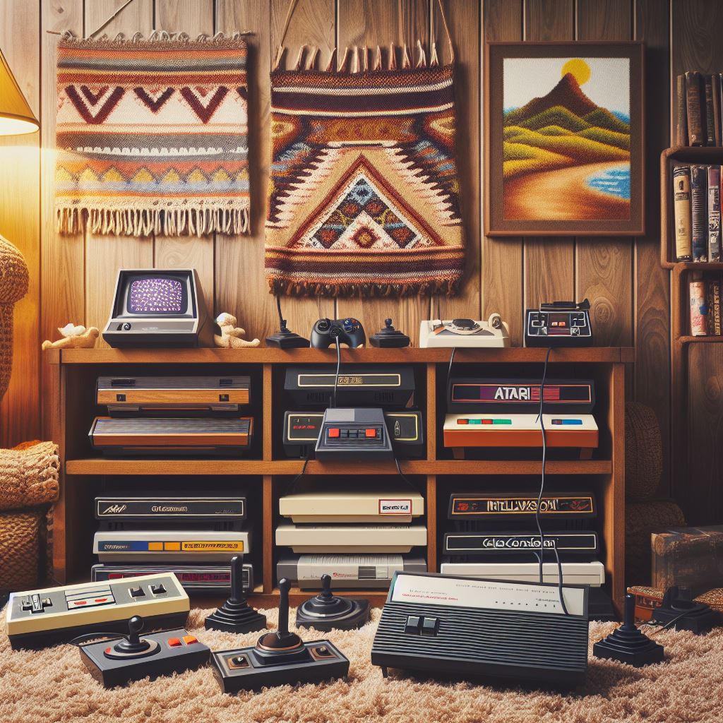 AI-generated picture of old gaming consoles on a shelf and on the floor facing the viewer.