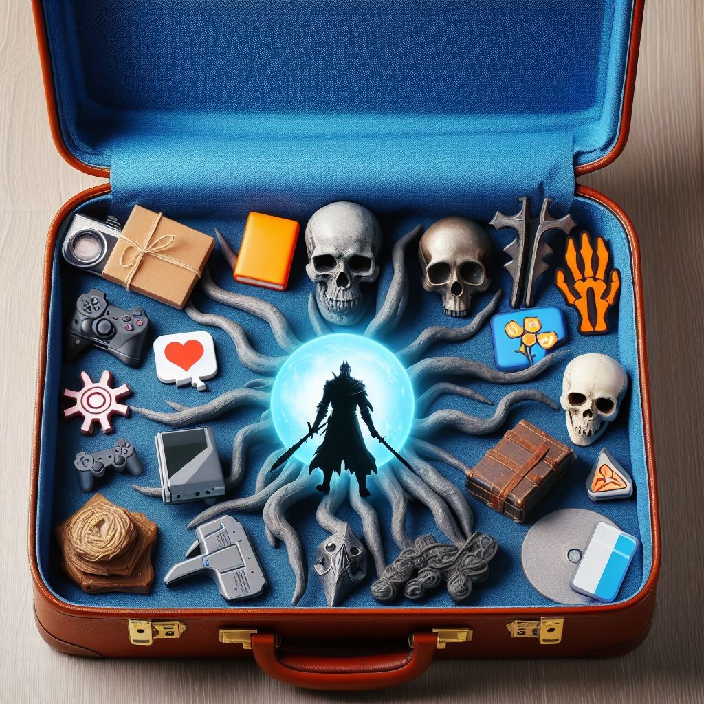 An open luggage with random items game related