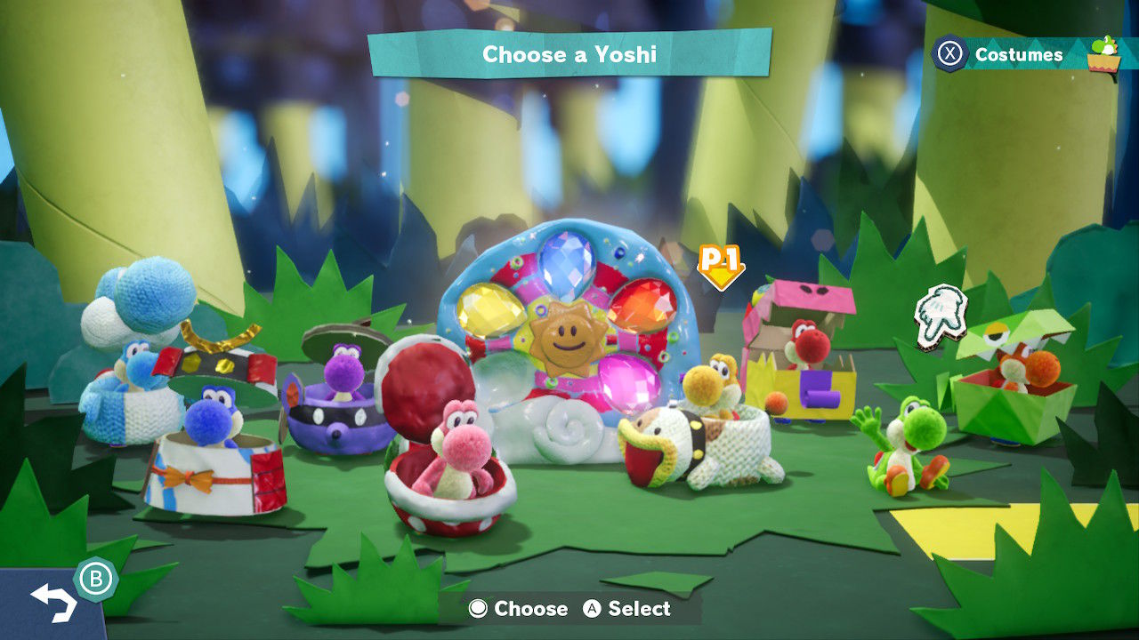 Eight brightly colored Yoshis in various costumes to choose from.
