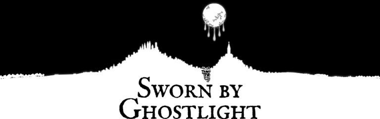 pale moon dripping liquid light over it. Title of the game (Sworn by Ghostligh) written under these.