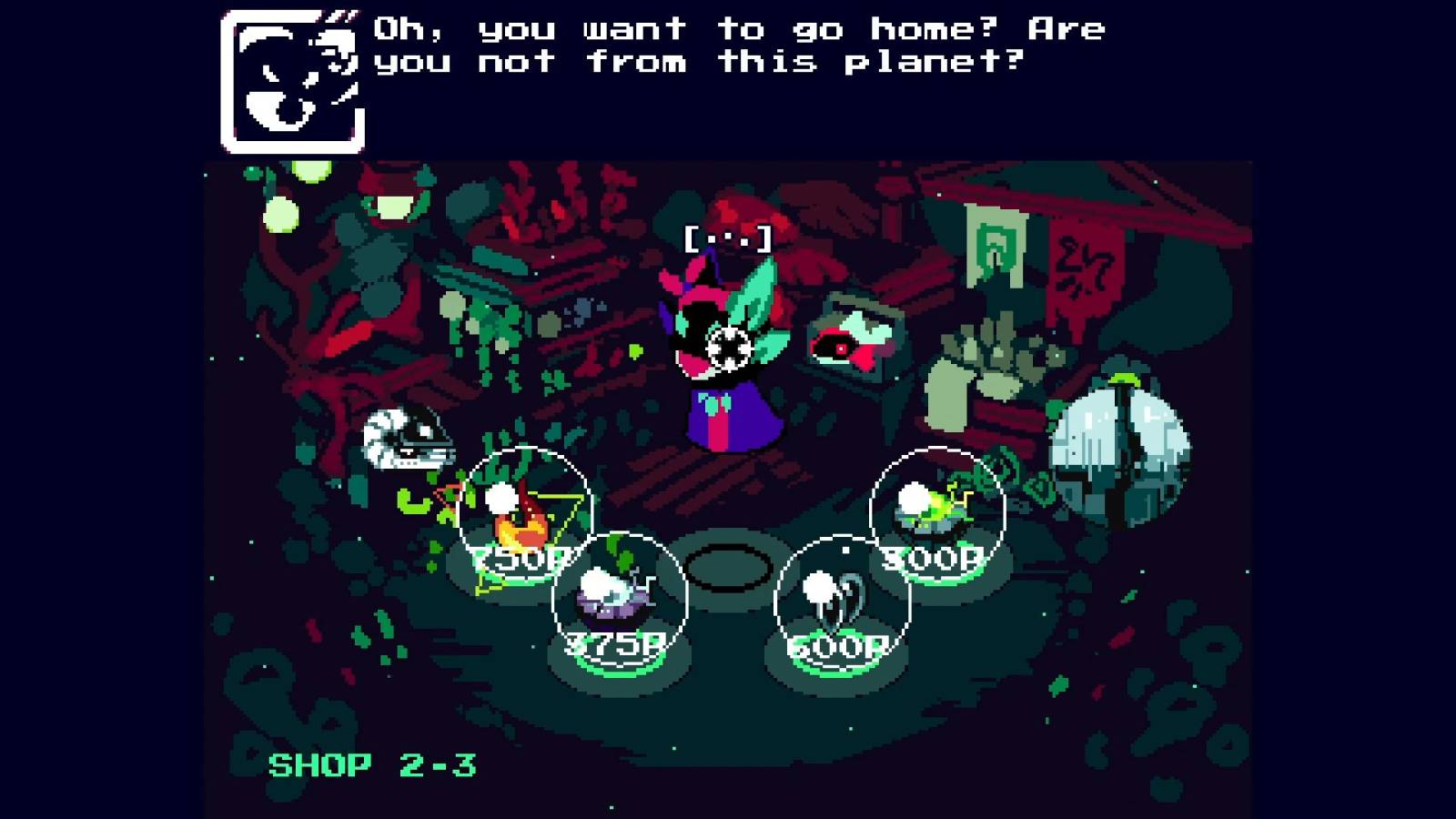 Astronautilus screenshot with text "Oh, you want to go home? Are you not from this planet?"