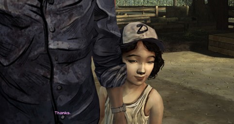 A female child character standing close to an adult character
